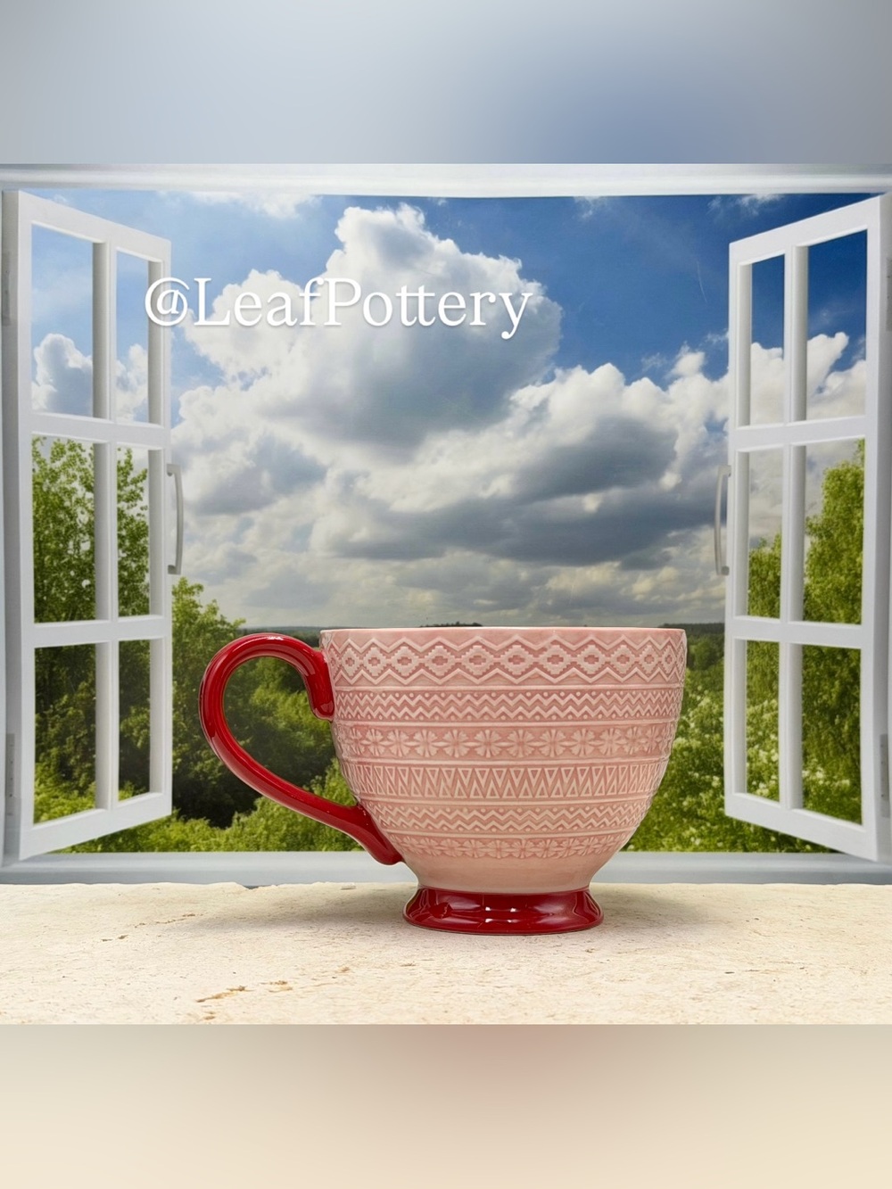 Pink Ceramic Latte Mug Potter's Studio Fair Isle Pattern Large Coffee Cup 14 oz - Picture 6 of 11